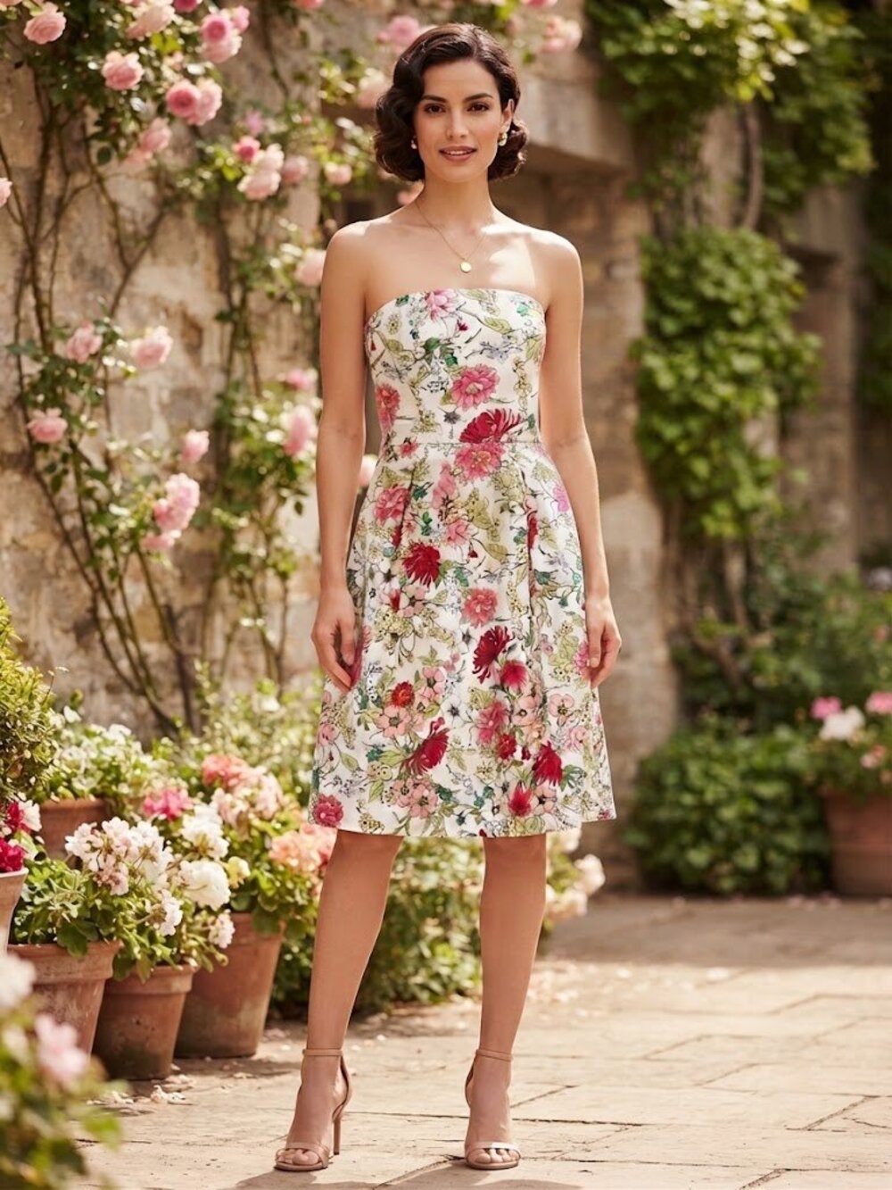 White Strapless Floral Mini Dress with Pink and Red Blooms